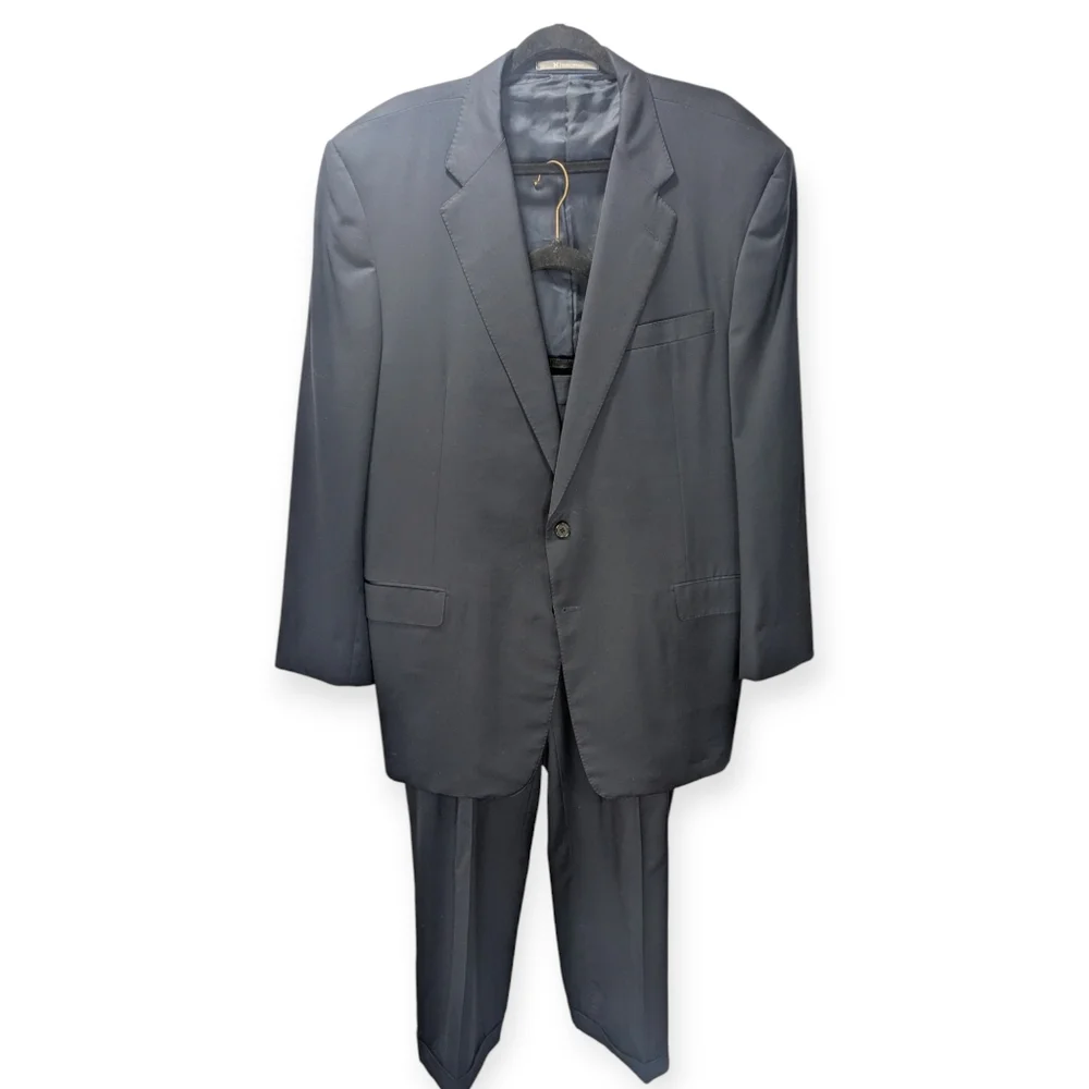 Hickey Freeman Navy Blue 100% Wool Suit 46L 34x29 Formal Wedding Business